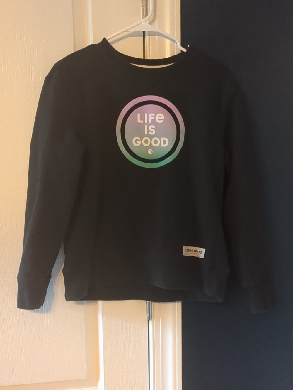 Life Is Good Black Sweatshirt with Pastel Gradient Circle Logo